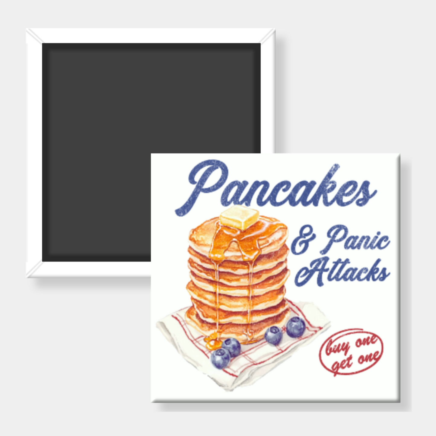 Fridge magnet with a stack of pancakes and text 'Pancakes & Panic Attacks' on a white background.