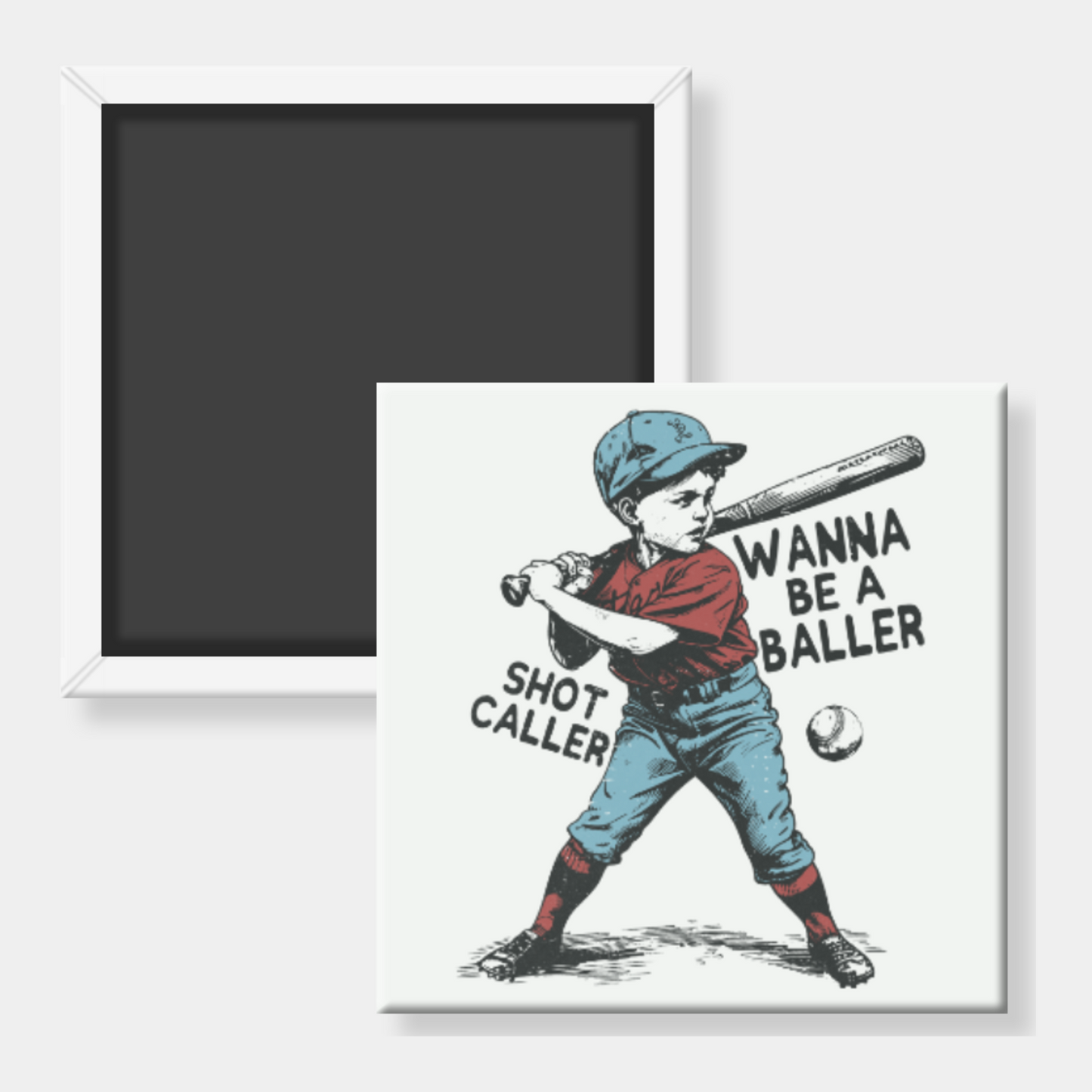 Square fridge magnet with a print of a child holding a baseball bat.
