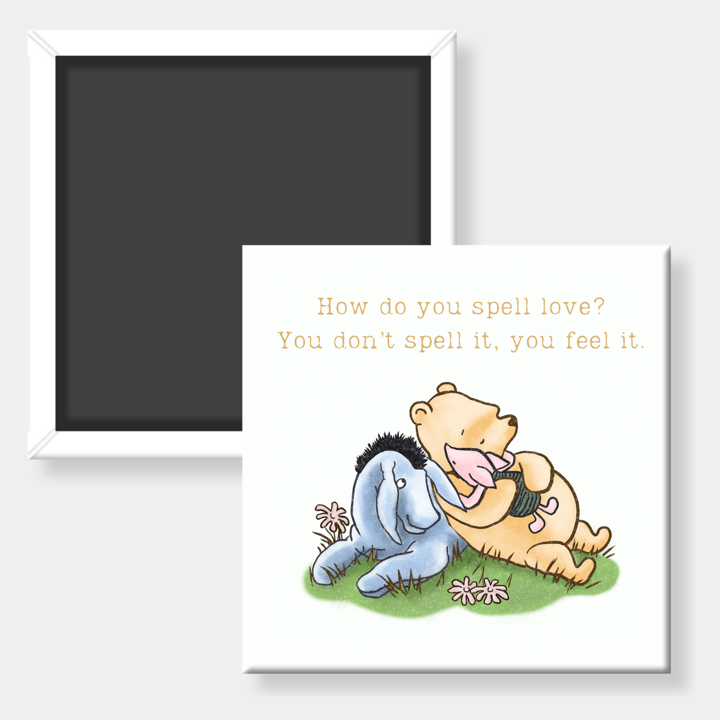 Square fridge magnet with cartoon characters and text on a white background