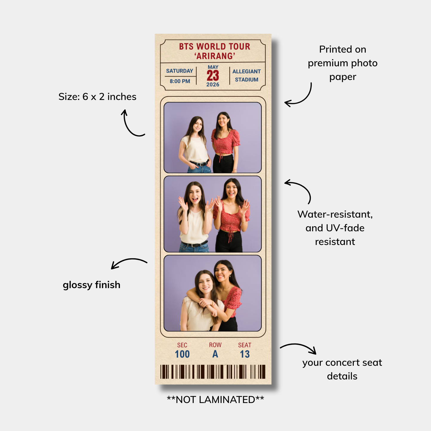 Ticket-like product with images of people and event details on a white background