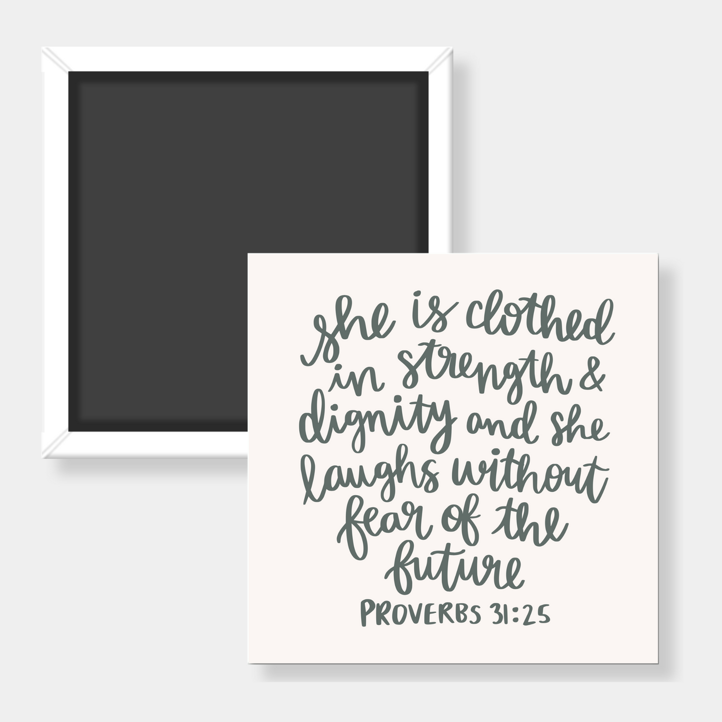 Square fridge magnet with bible verse on a white background.