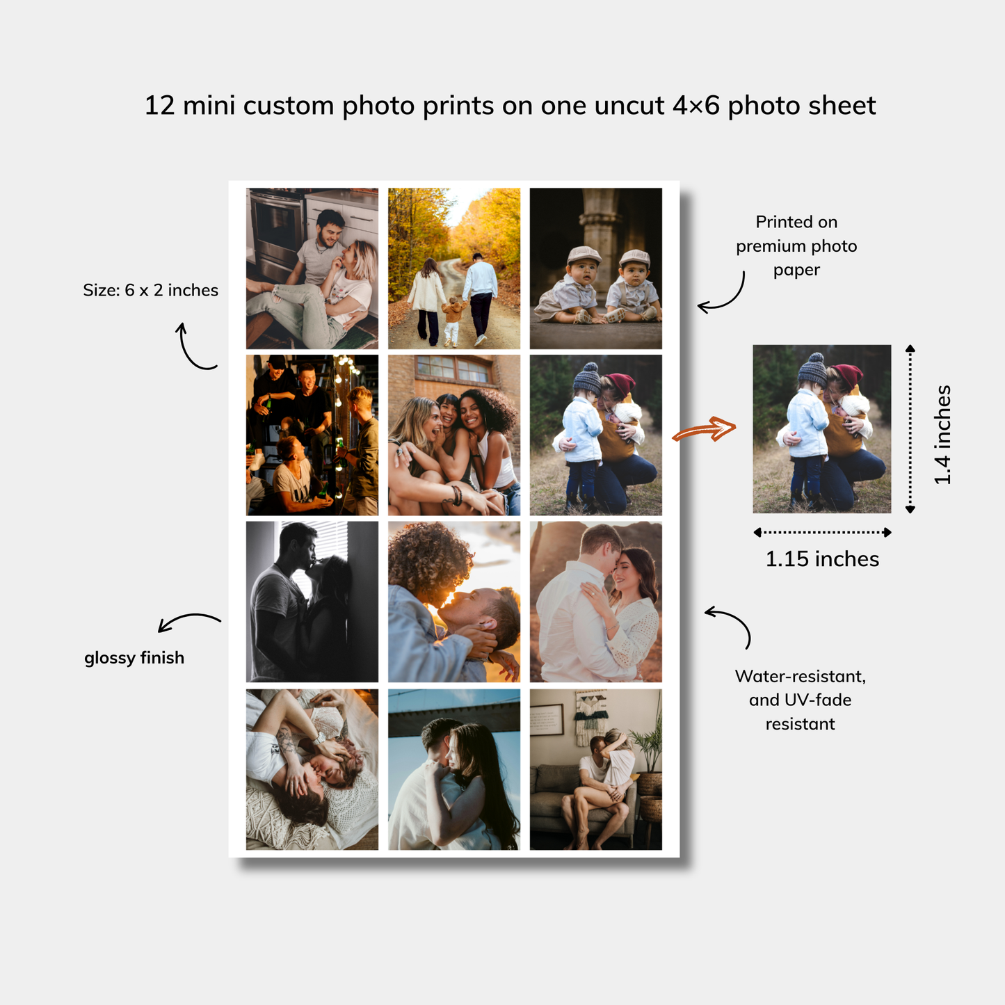 12 mini custom photo prints on a 4x6 photo sheet with details on size, finish, and features.