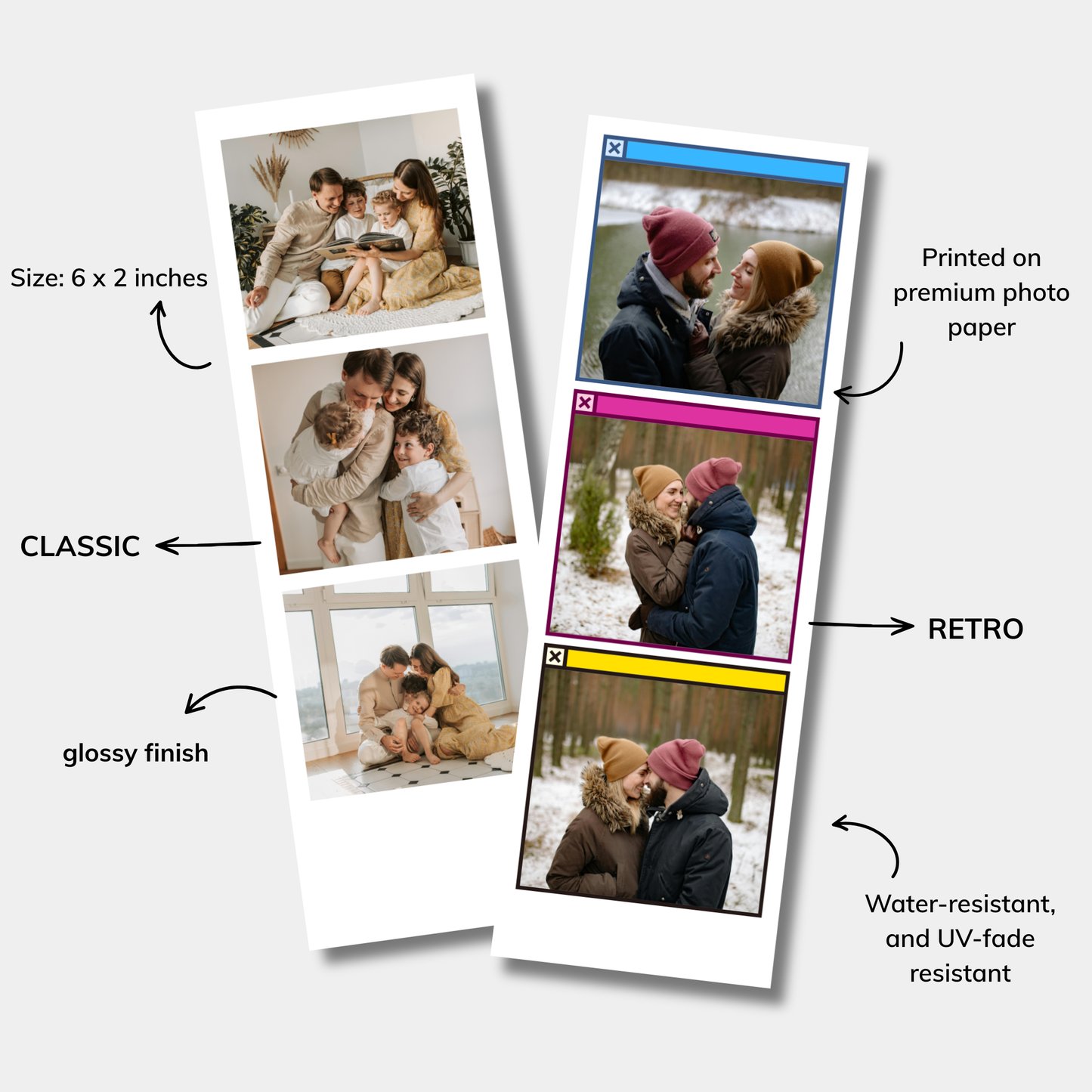 Two types of photo prints labeled 'Classic' and 'Retro', on a white background.