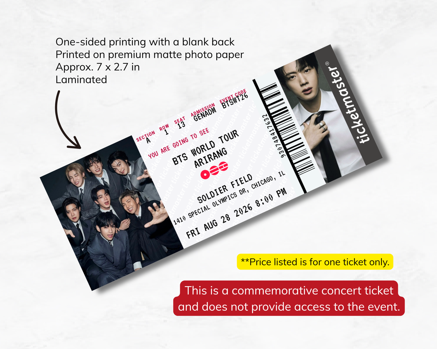 BTS world tour commemorative concert ticket with printed images and text on a white background
