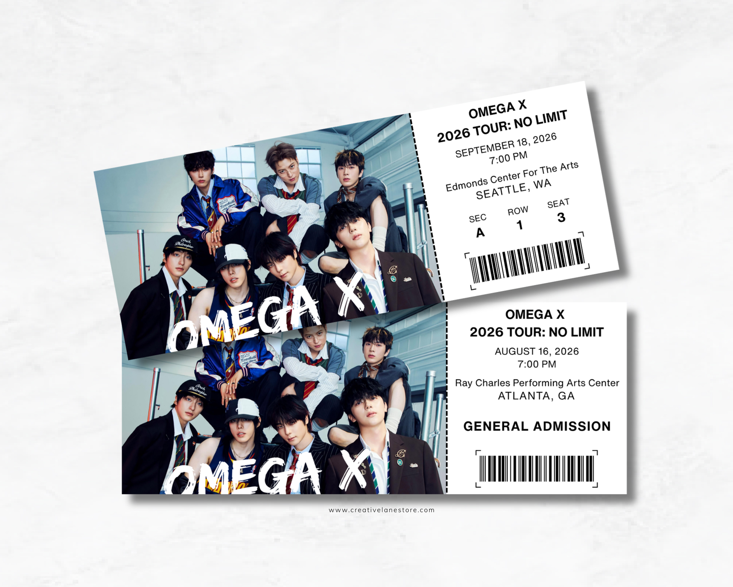 Two concert ticket designs for OMEGA X's 2026 Tour: 'No Limit' featuring a group photo of the members on the left ticket and a clean white general admission style ticket on the right, set against a light textured background.