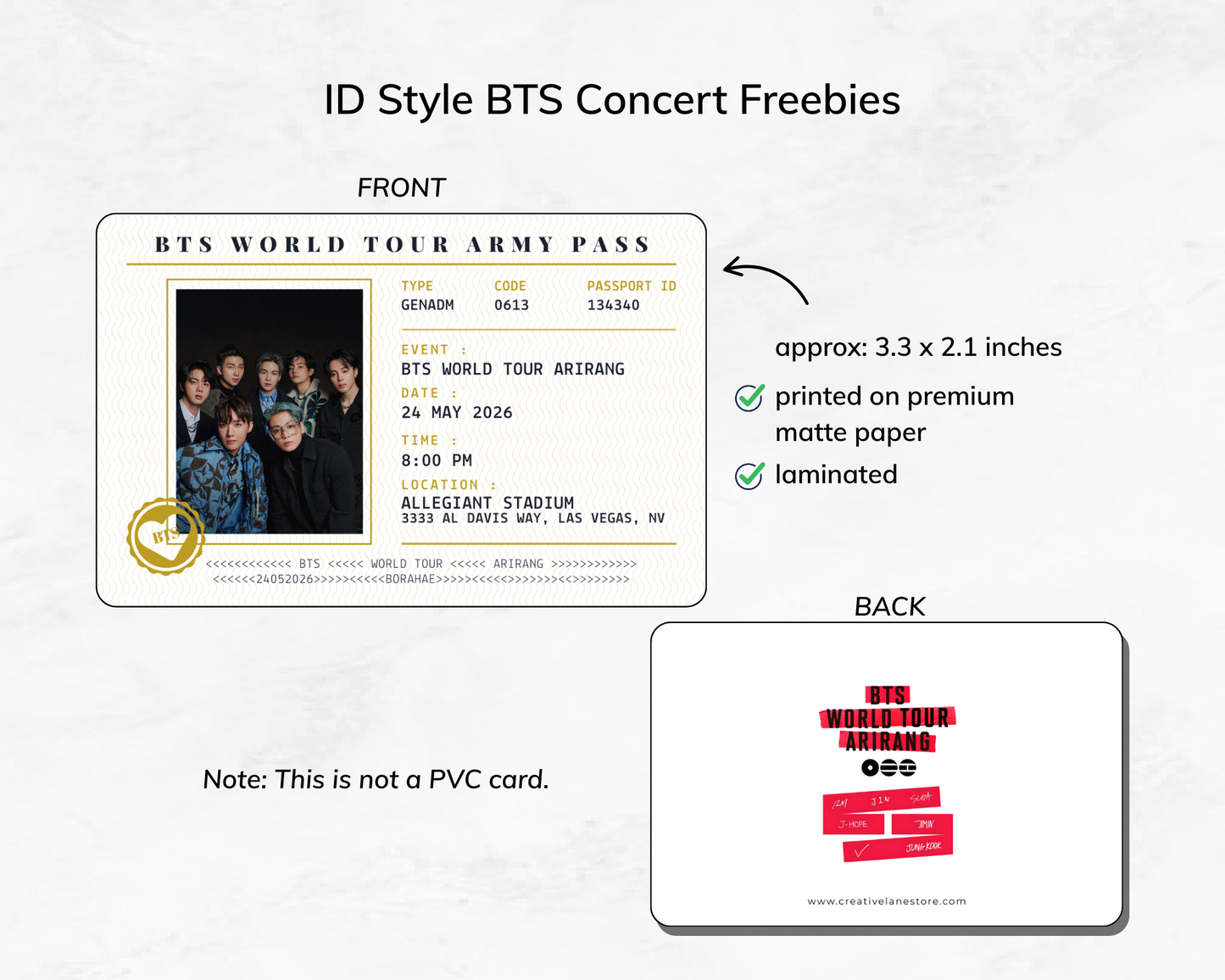 BTS World Tour Army Pass with front and back views on a white background