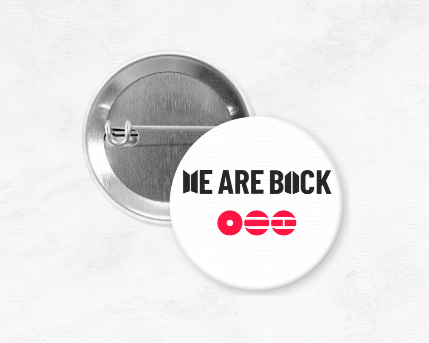 BTS Button badge with 'WE ARE BACK with Arirang Album Logo' text on a white background
