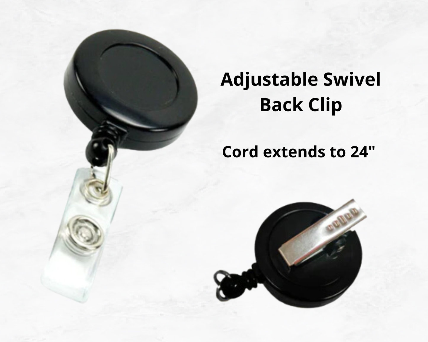 Black adjustable swivel back clip with a cord extending to 24 inches on a white background.
