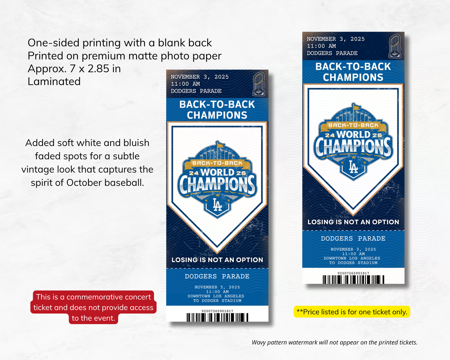 Two commemorative Los Angeles Dodgers tickets with text about a parade and championships.