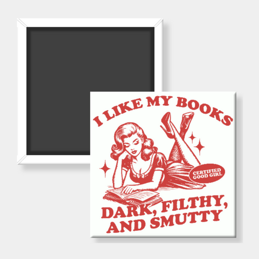 Fridge magnet with a red and white design featuring a woman reading a book and text.