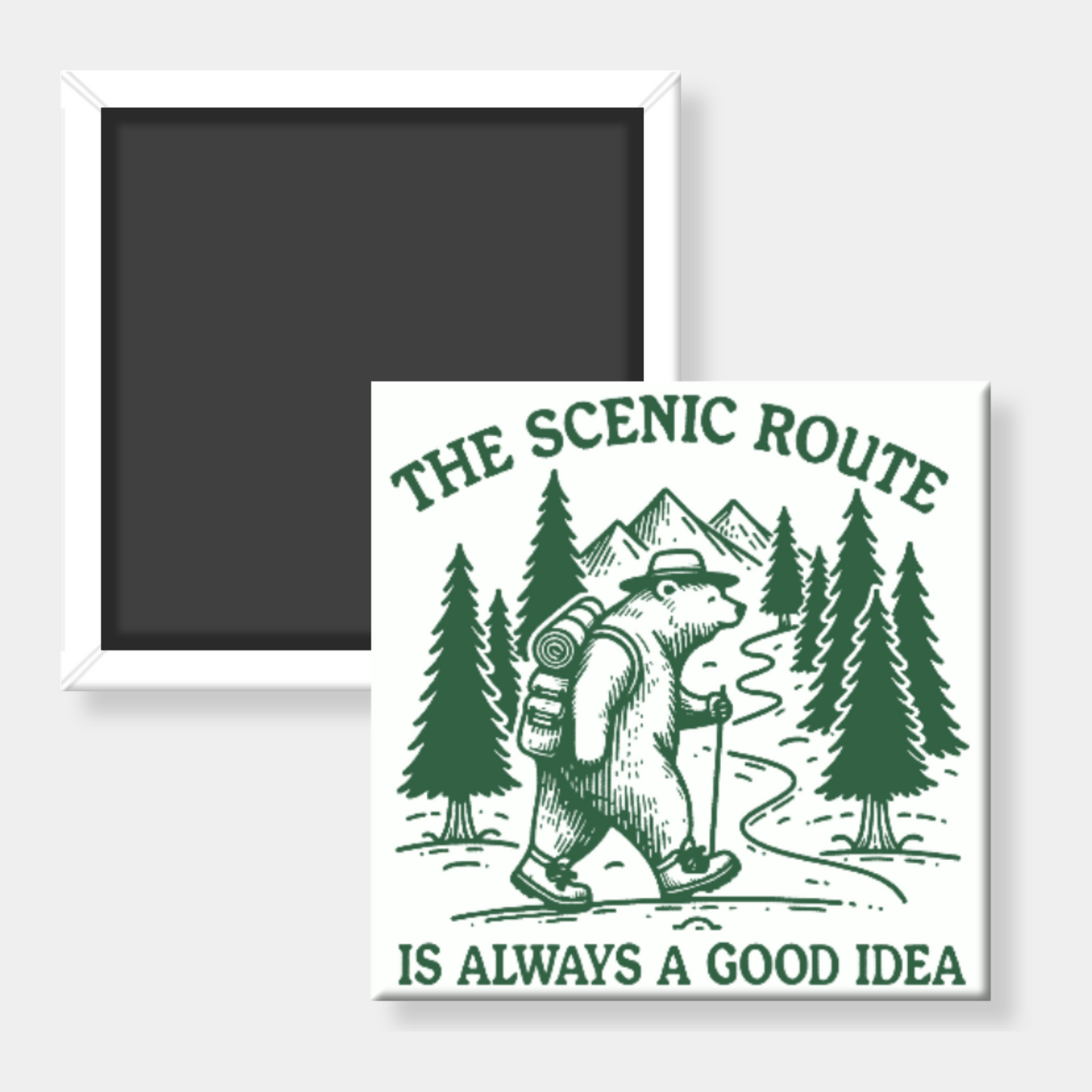 Square fridge magnet with with a bear hiking illustration and text on a white background
