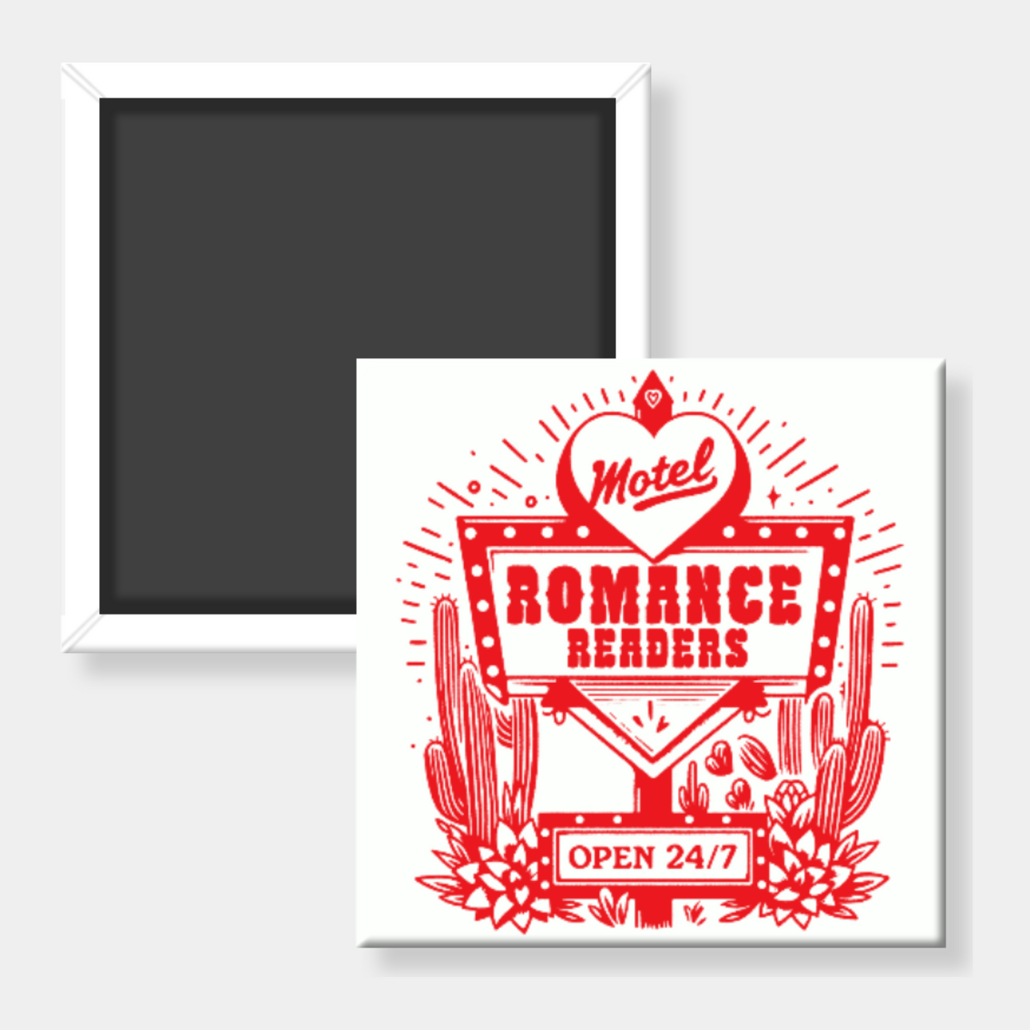 Square fridge magnet with with red and white design on a white background