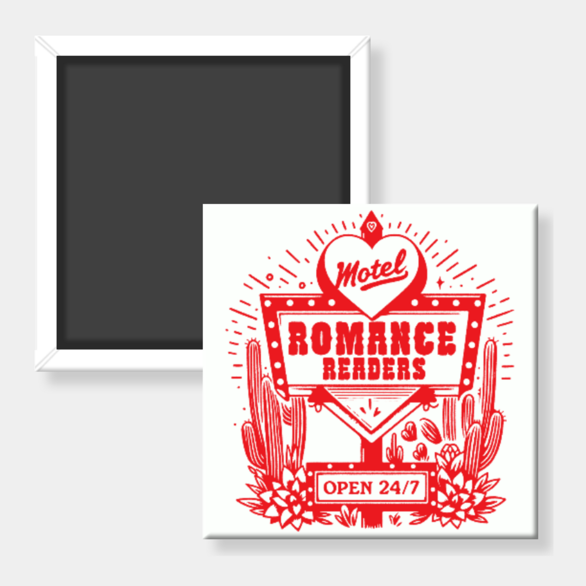Square fridge magnet with with red and white design on a white background
