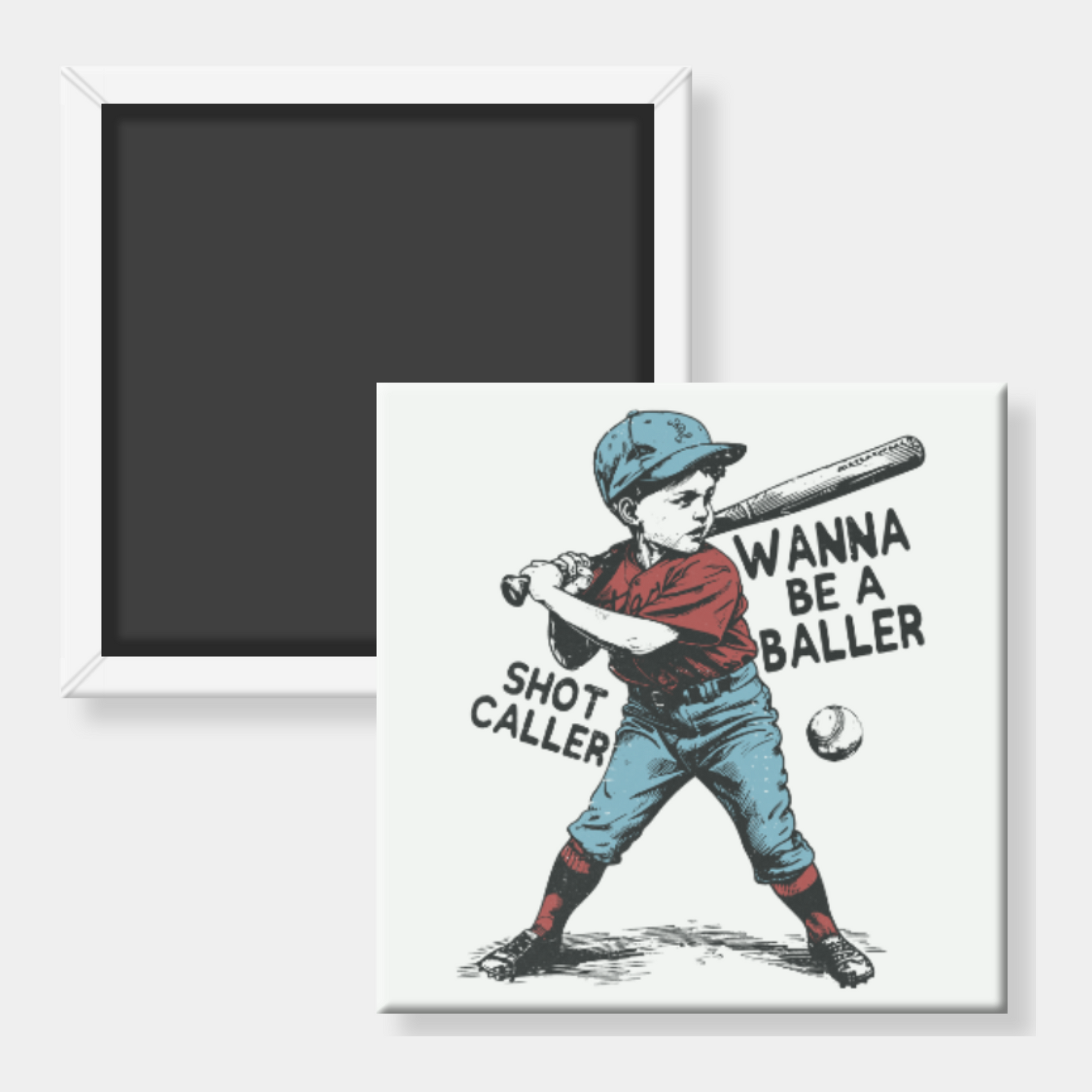 Square fridge magnet with a print of a child holding a baseball bat.