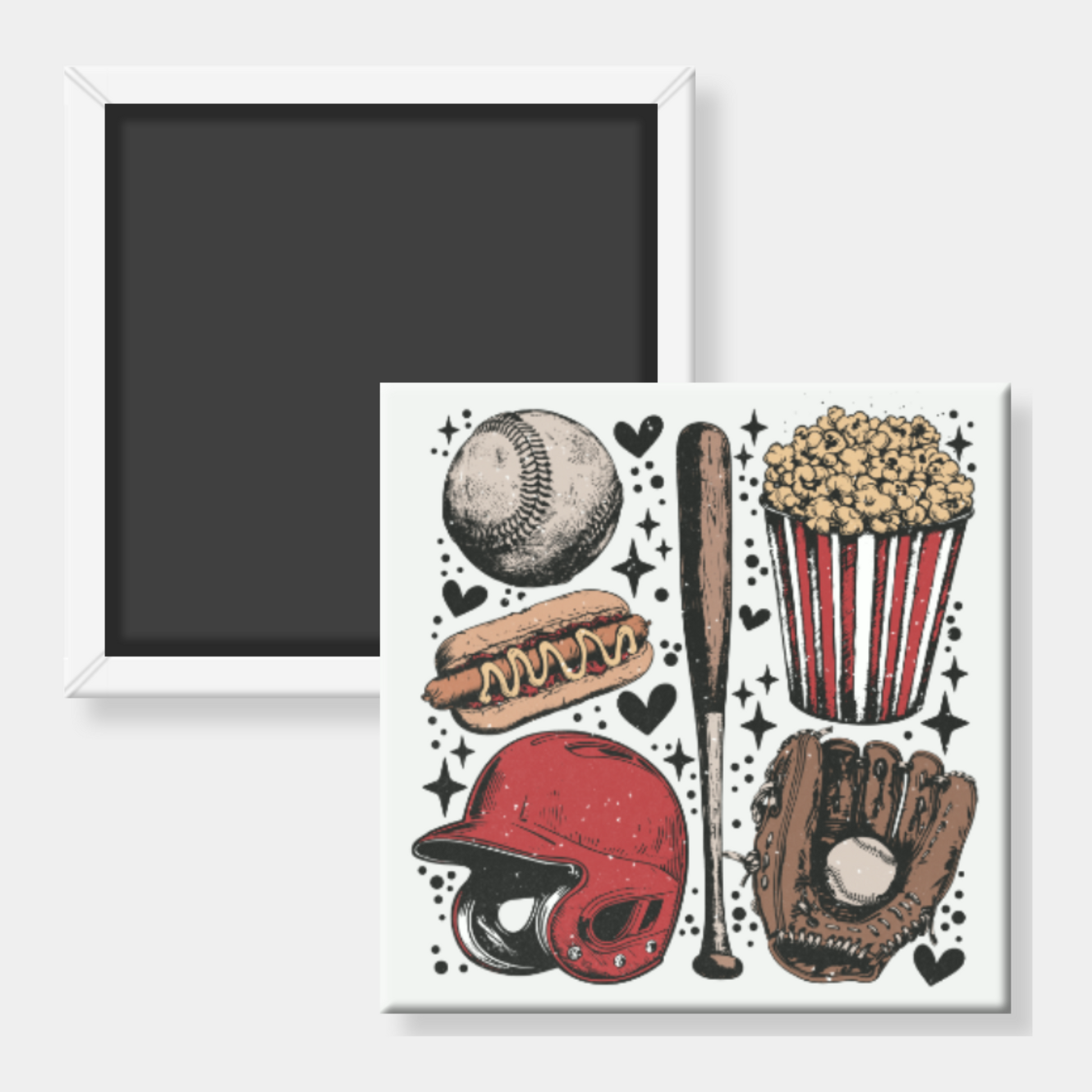 Square fridge magnet with Baseball-themed print with a helmet, bat, glove, hot dog, and popcorn bucket on a white background.