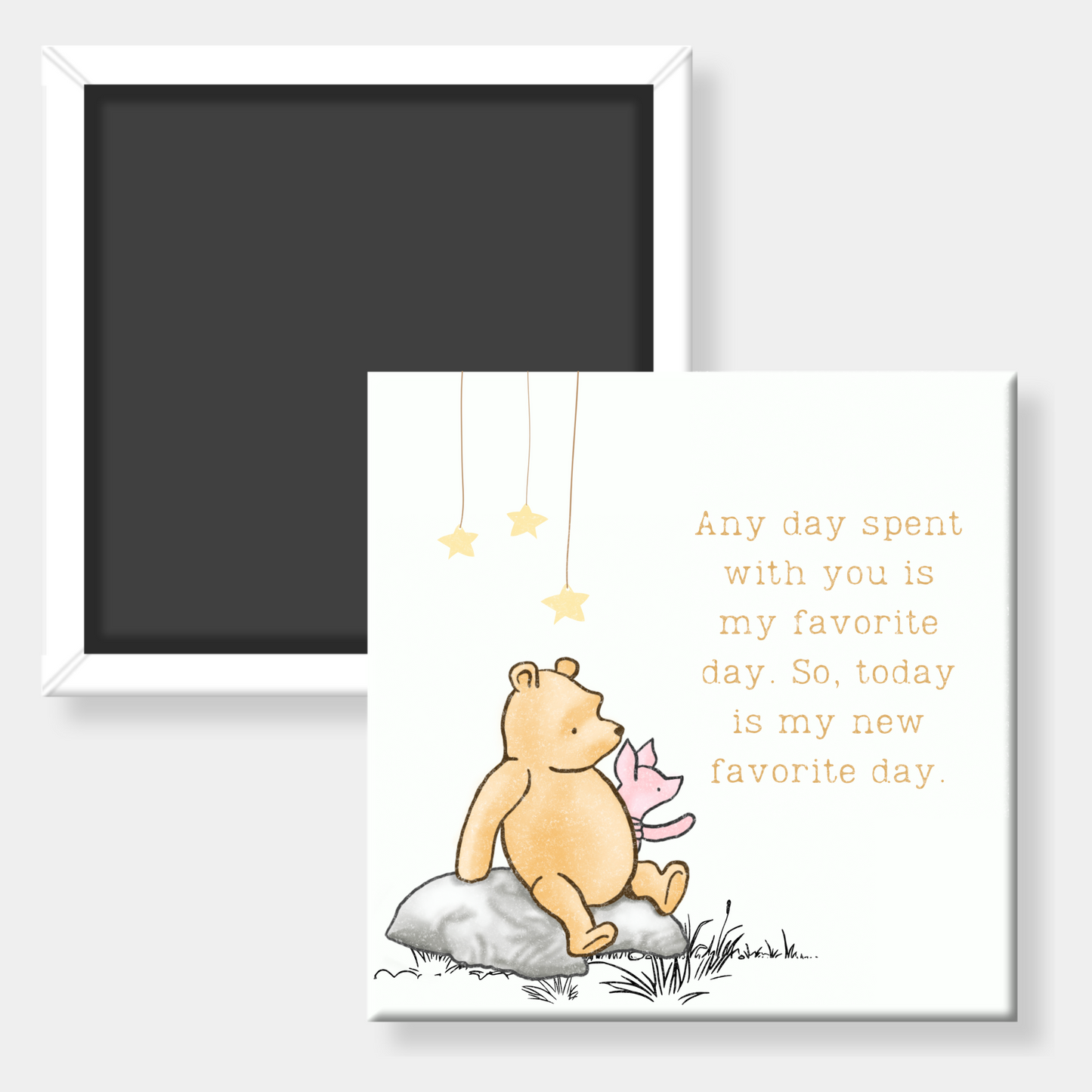 Square fridge magnet with a bear illustration and text on a white background