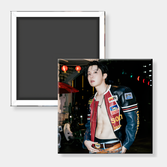 A square photo print or magnet featuring a man wearing a dark varsity-style jacket with red and white stripes, shown overlapping a plain white square on a light gray background.