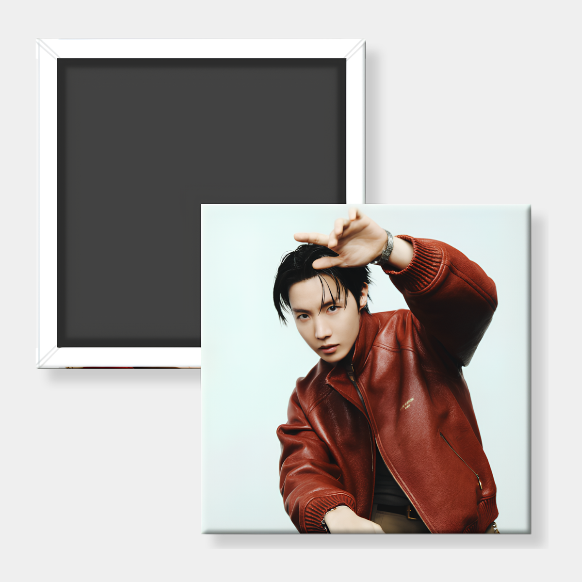 A square custom photo magnet showing a portrait of a man in a red leather jacket, displayed alongside the back of another magnet on a light gray background.