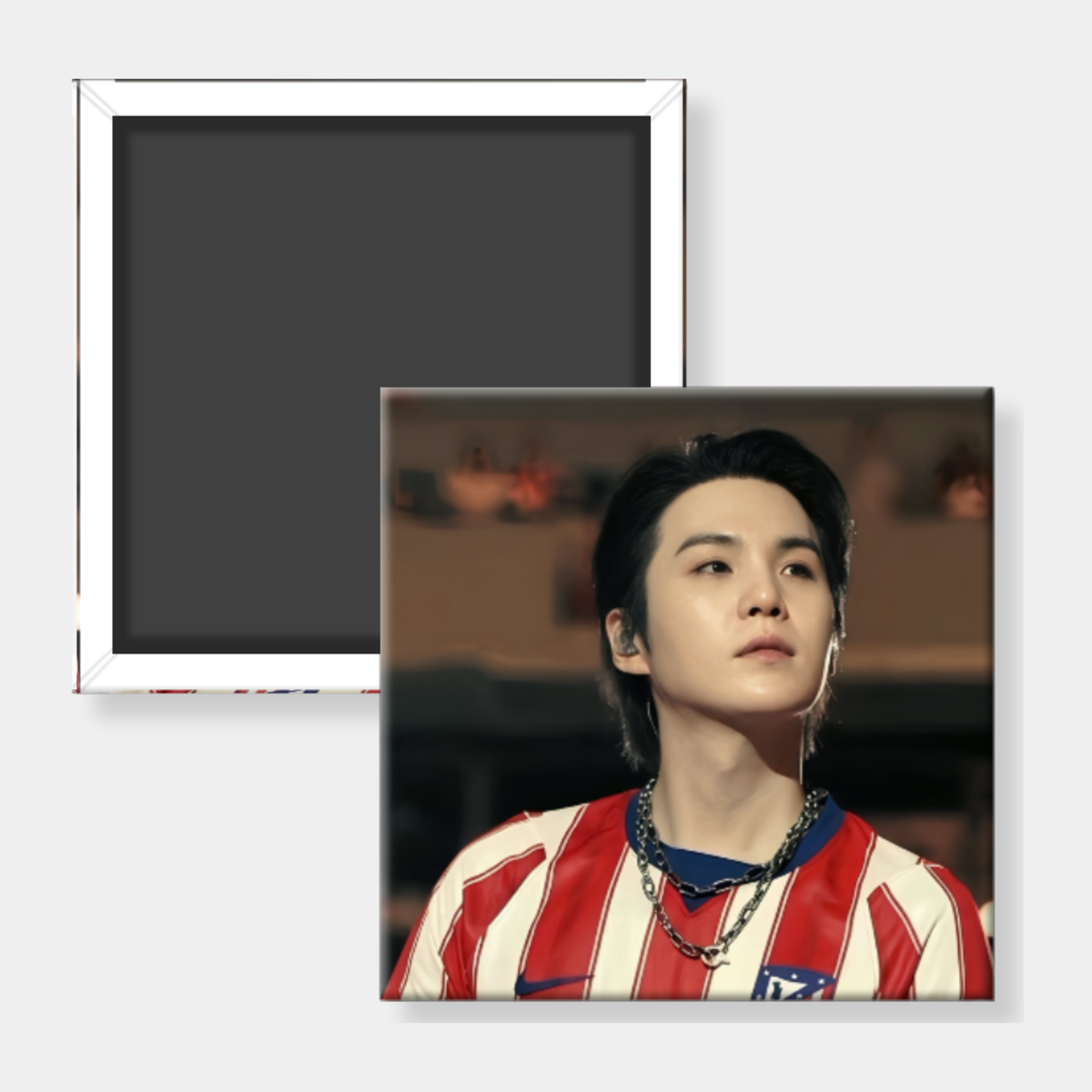 A custom square photo magnet showing a portrait of a man in a red and white striped jersey, displayed alongside its blank dark gray back side on a light gray background.