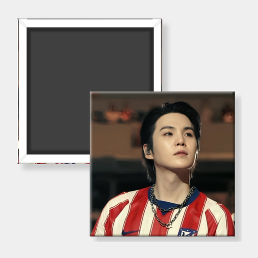 A custom square photo magnet showing a portrait of a man in a red and white striped jersey, displayed alongside its blank dark gray back side on a light gray background.