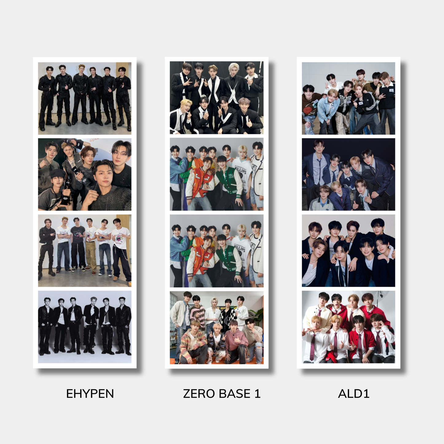 Collage of multiple photos featuring various groups with labels EHYPEN, ZERO BASE 1, and ALD1.