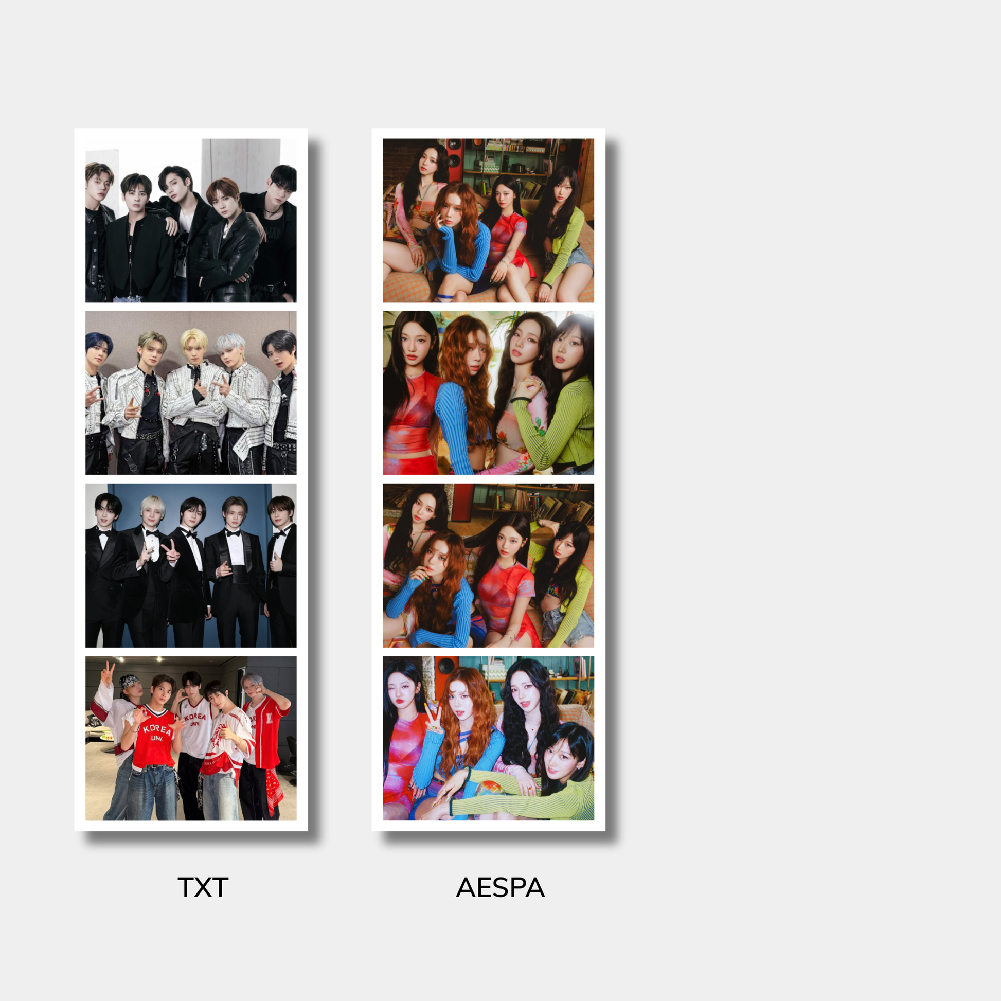 Collage of photos featuring two different K-pop groups labeled 'TXT' and 'AESPA'.