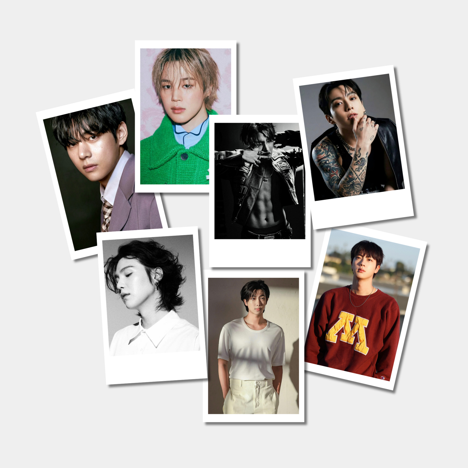 Collage of multiple BTS photos featuring different individuals in various poses and outfits.