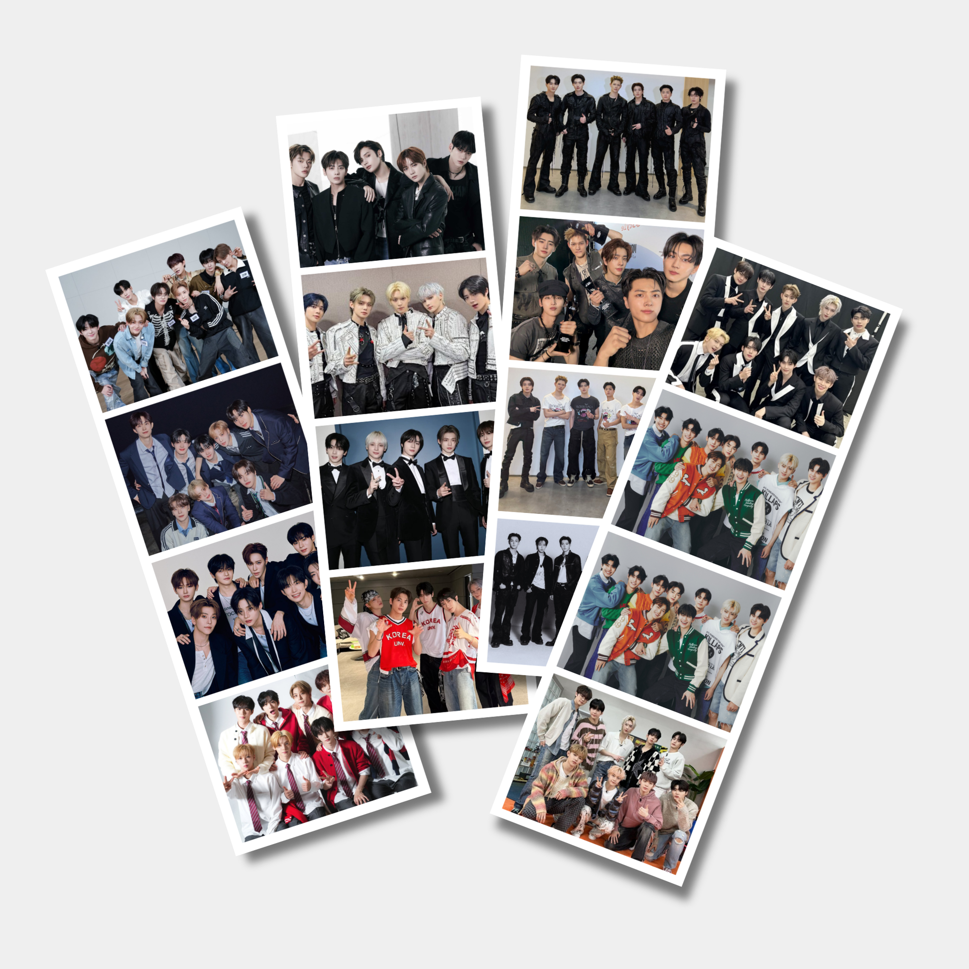 Collage of multiple photos featuring a group of people in various poses and outfits on a white background.