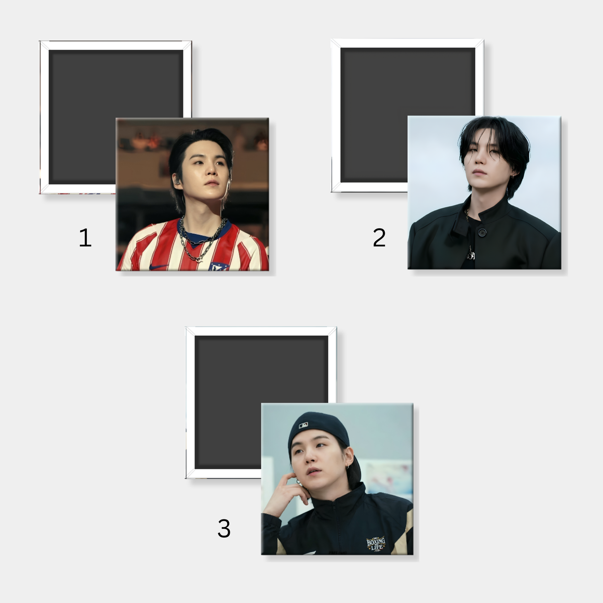 Three customizable photo magnet templates shown on a light gray background, numbered 1, 2, and 3. Templates 1 and 2 feature white borders with placeholder portrait photos of men, while template 3 has a black border with a placeholder photo.