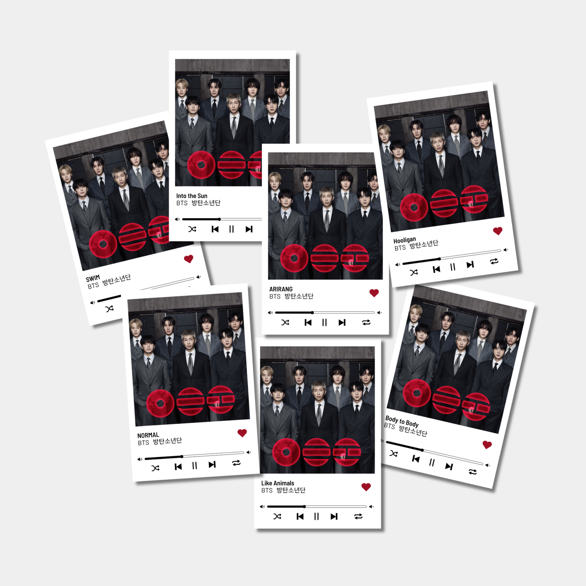 Multiple album cover designs with a BTS in formal attire on a white background