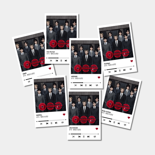 Multiple album cover designs with a BTS in formal attire on a white background