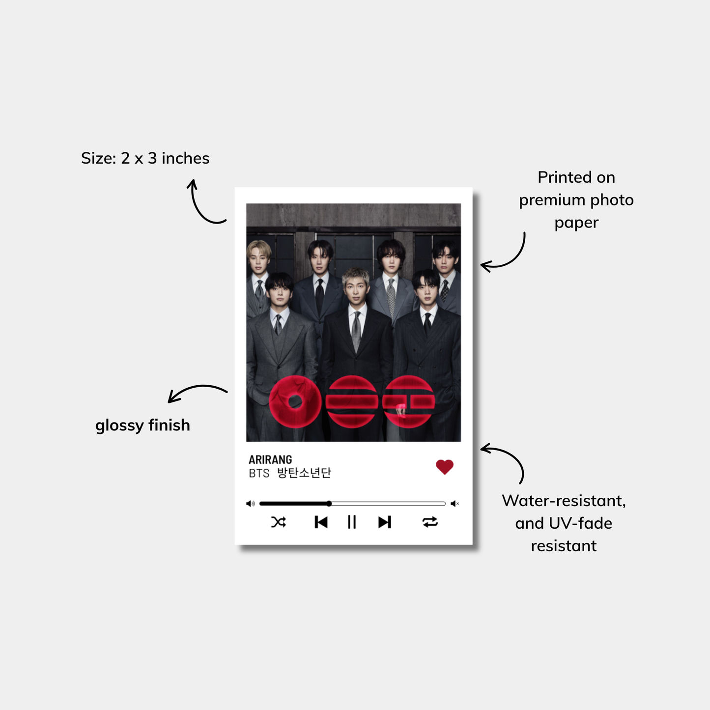 Product packaging with a group of people in suits and a red logo, labeled with features like size, finish, and material.