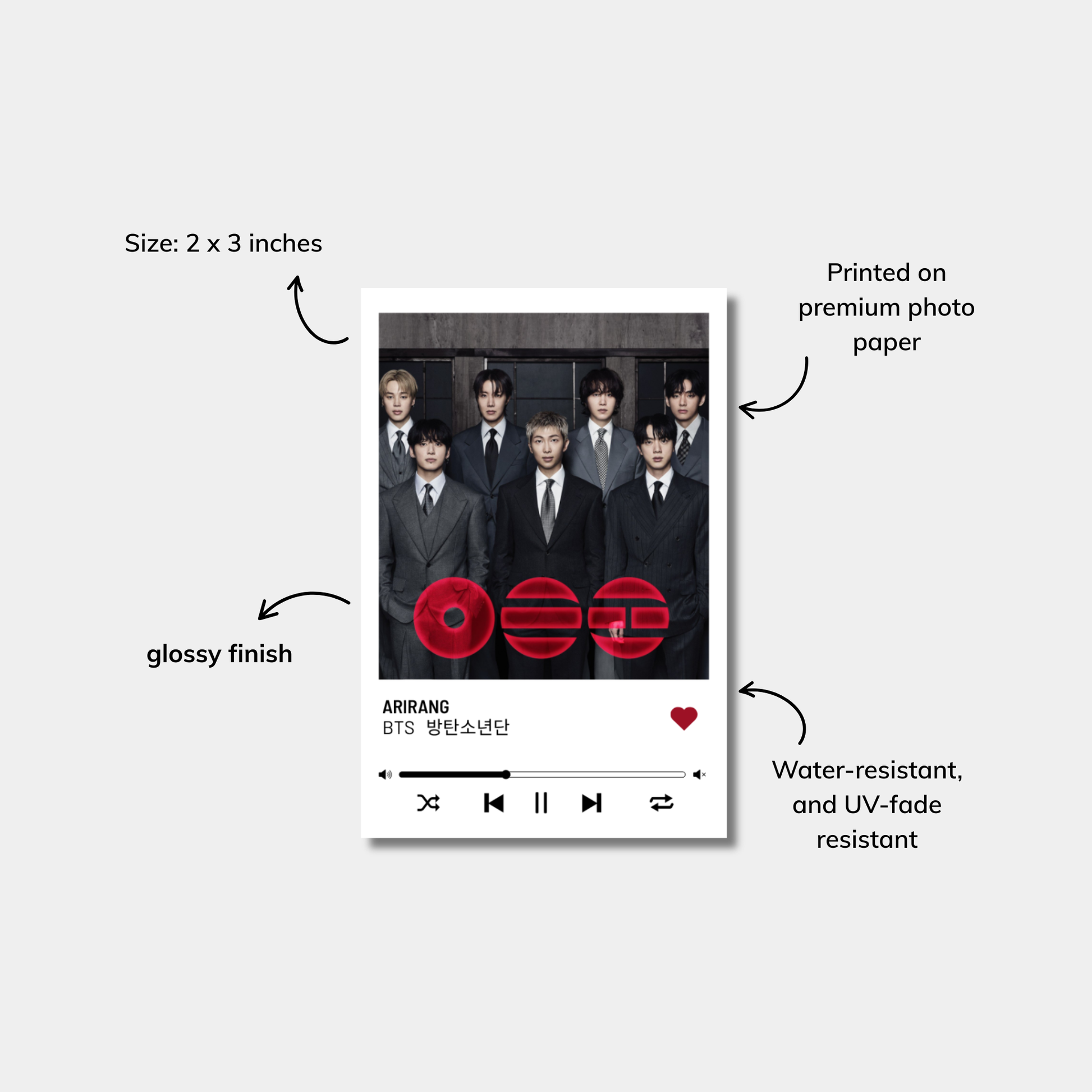 Product packaging with a group of people in suits and a red logo, labeled with features like size, finish, and material.