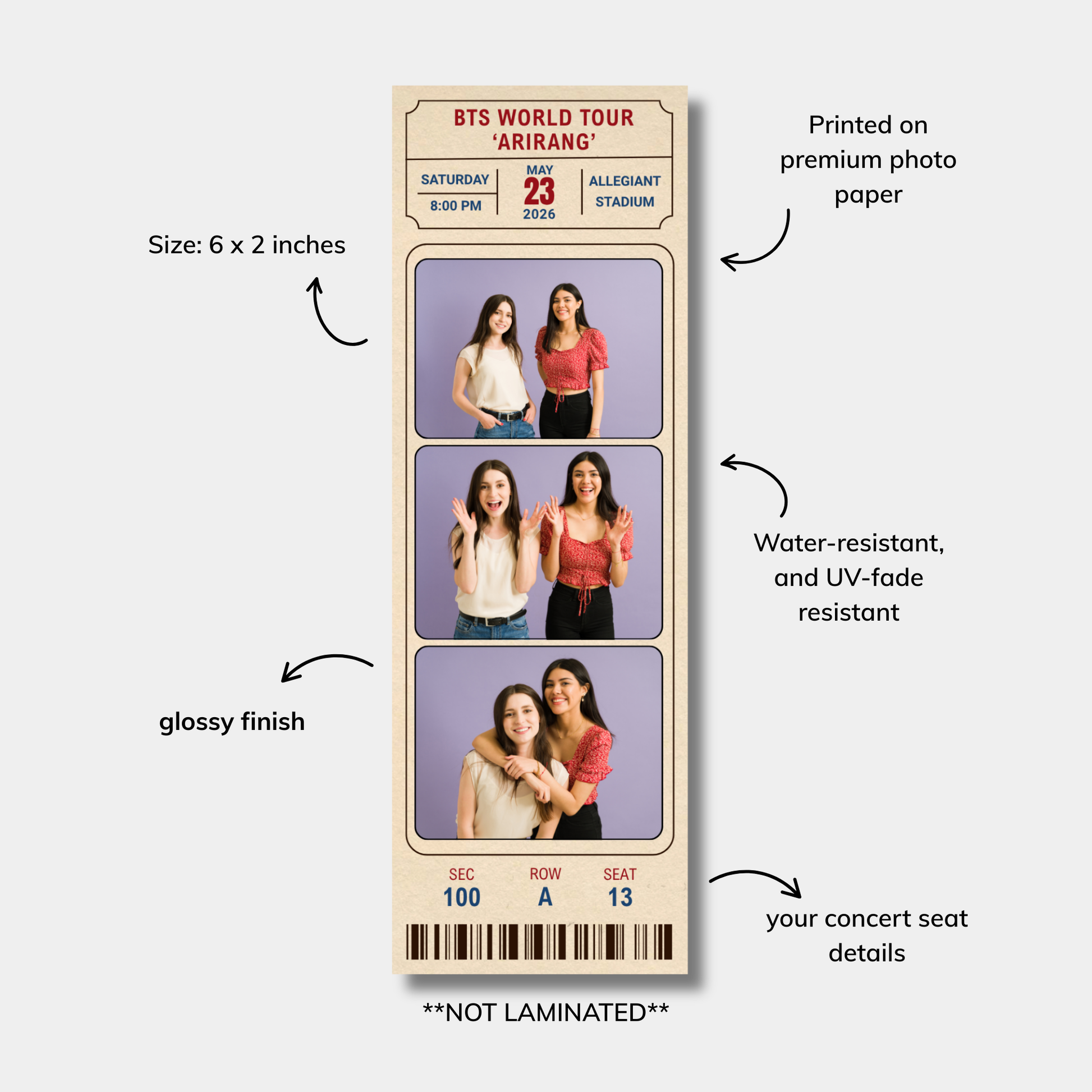 Ticket-like product with images of people and event details on a white background