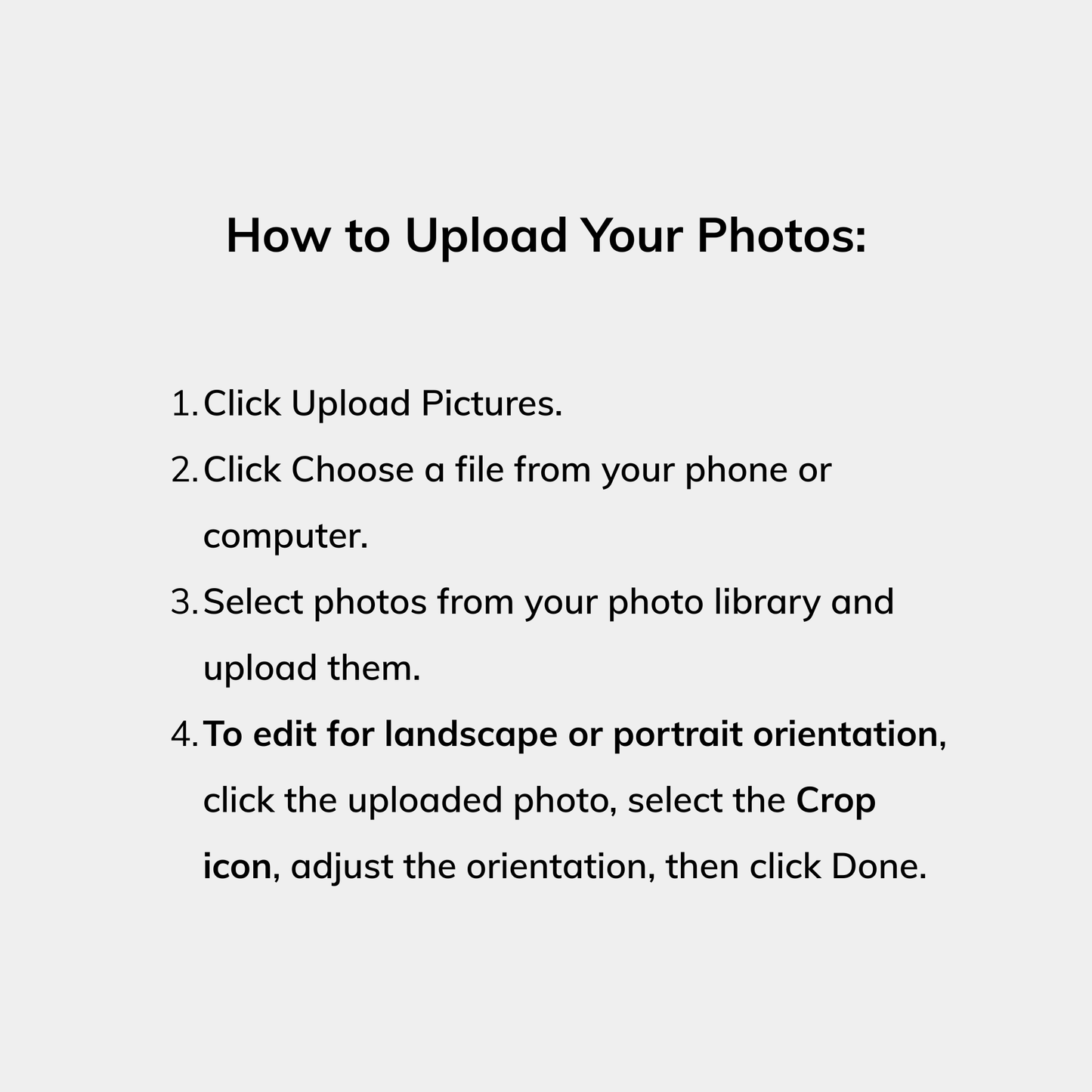 Text instructions on how to upload photos with a white background