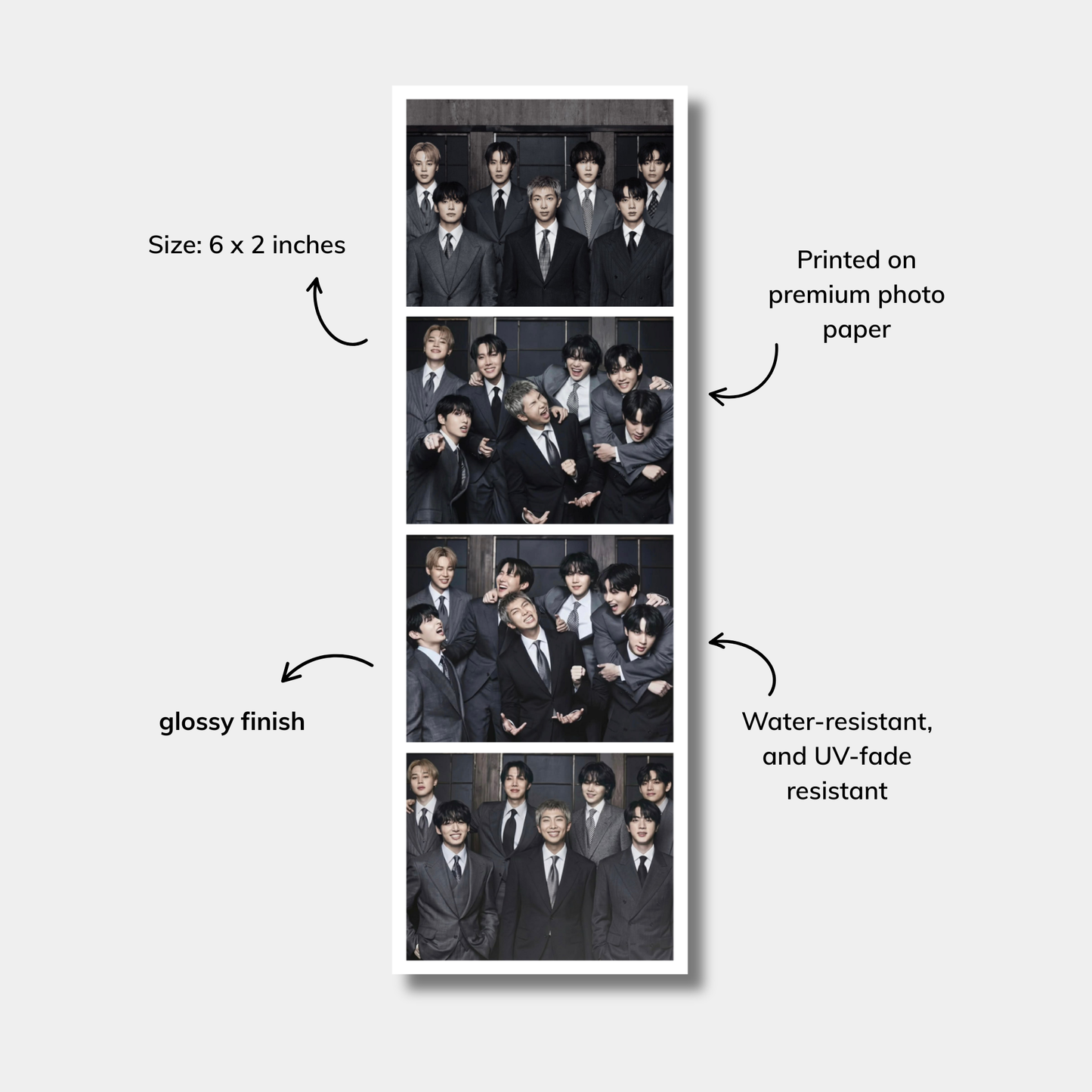 One photo booth style prints with text describing features on a white background
