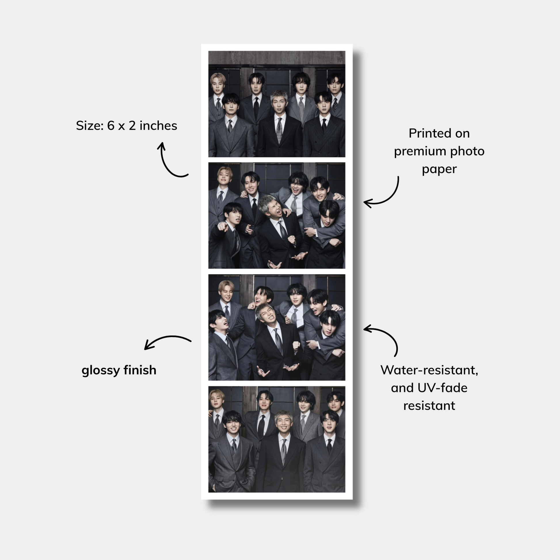 One photo booth style prints with text describing features on a white background