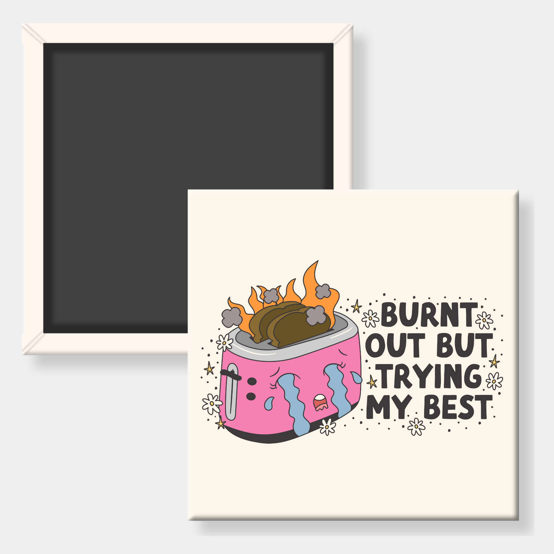 Square fridge magnet with a print of a pink toaster with a cartoonish design.