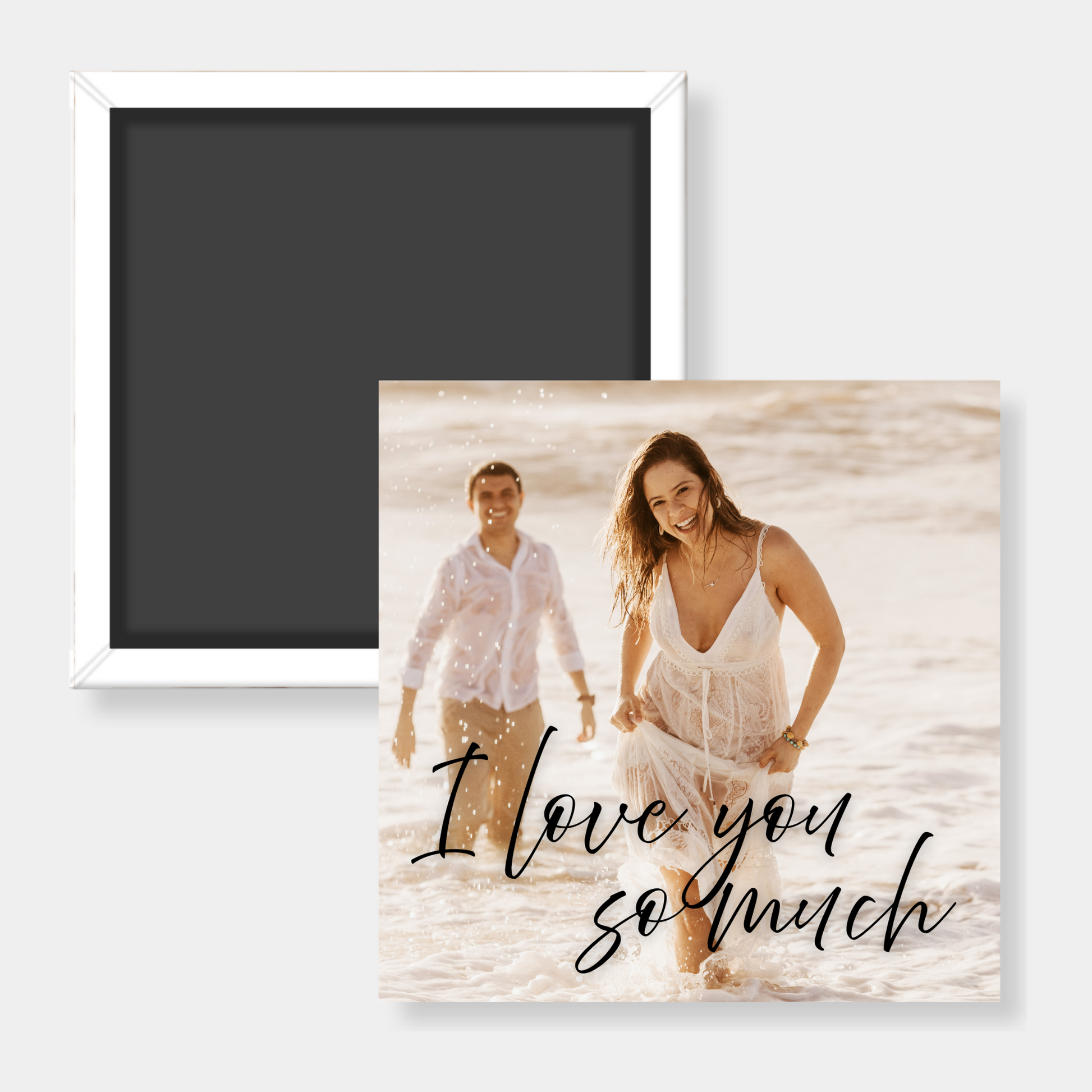 Photo magnet of a couple on a beach with 'I love you so much' text.