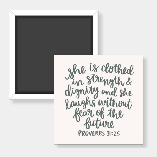 Square fridge magnet with bible verse on a white background.