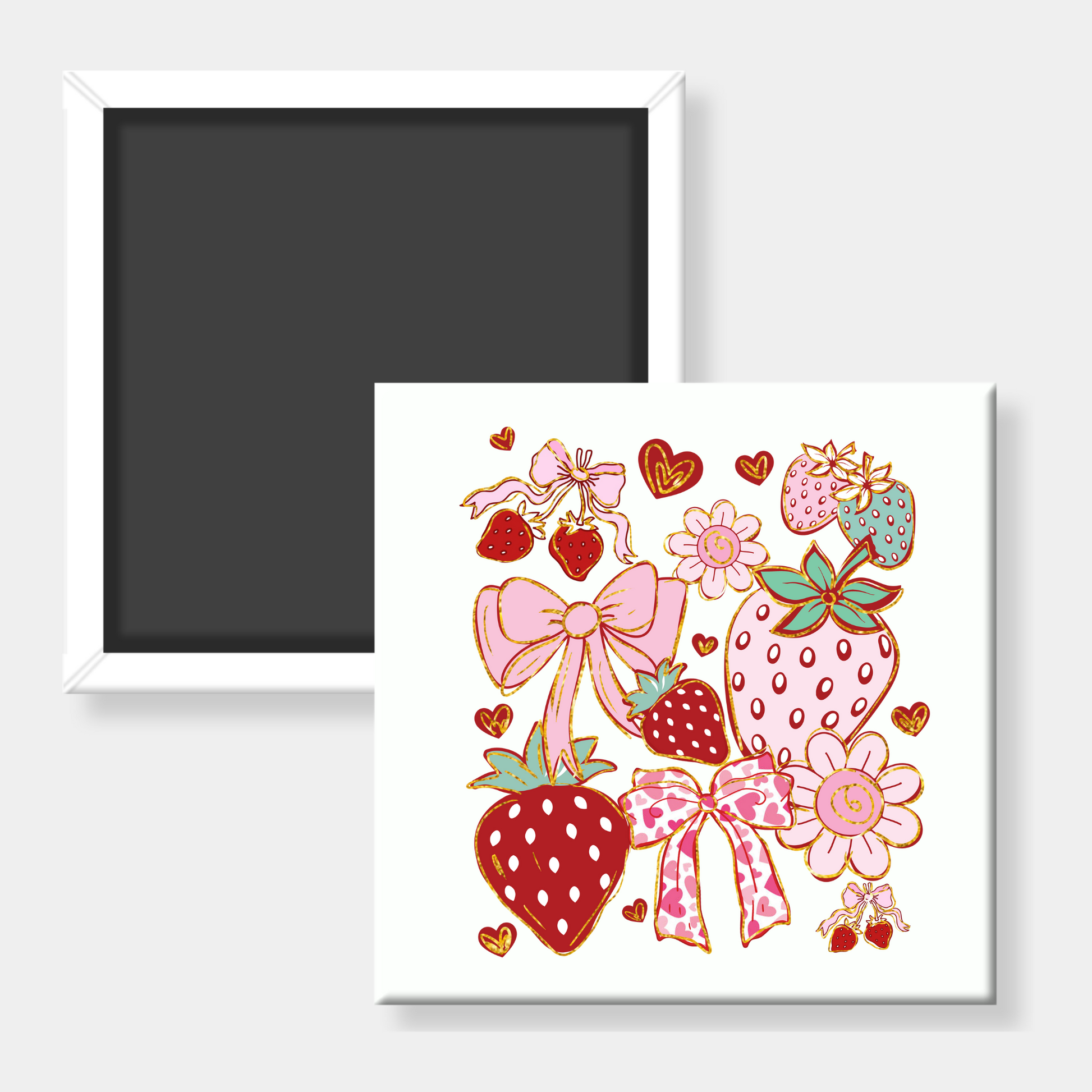 Square fridge magnet with strawberries, bows, and flowers on a white background