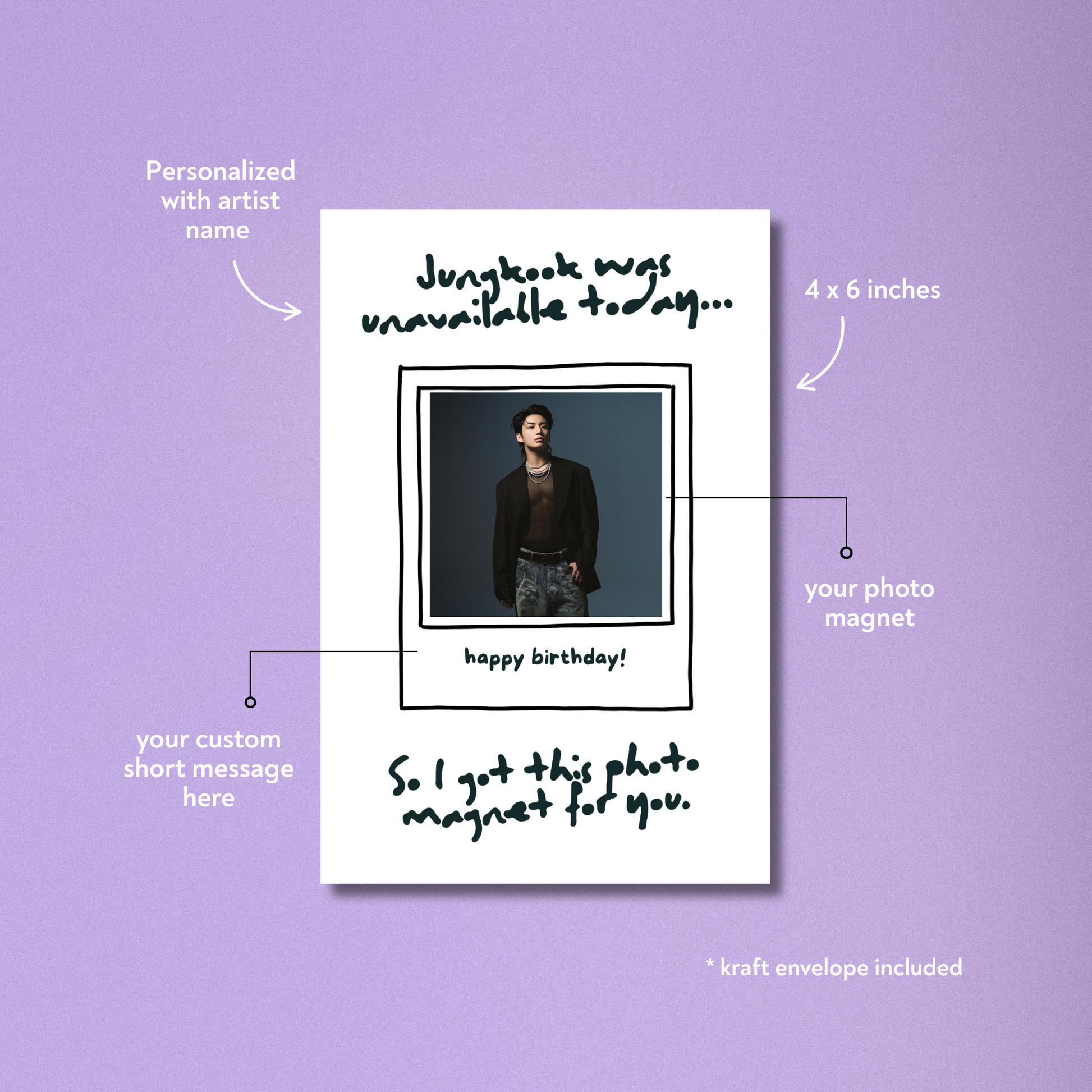 Product packaging for a photo magnet with text on a purple background