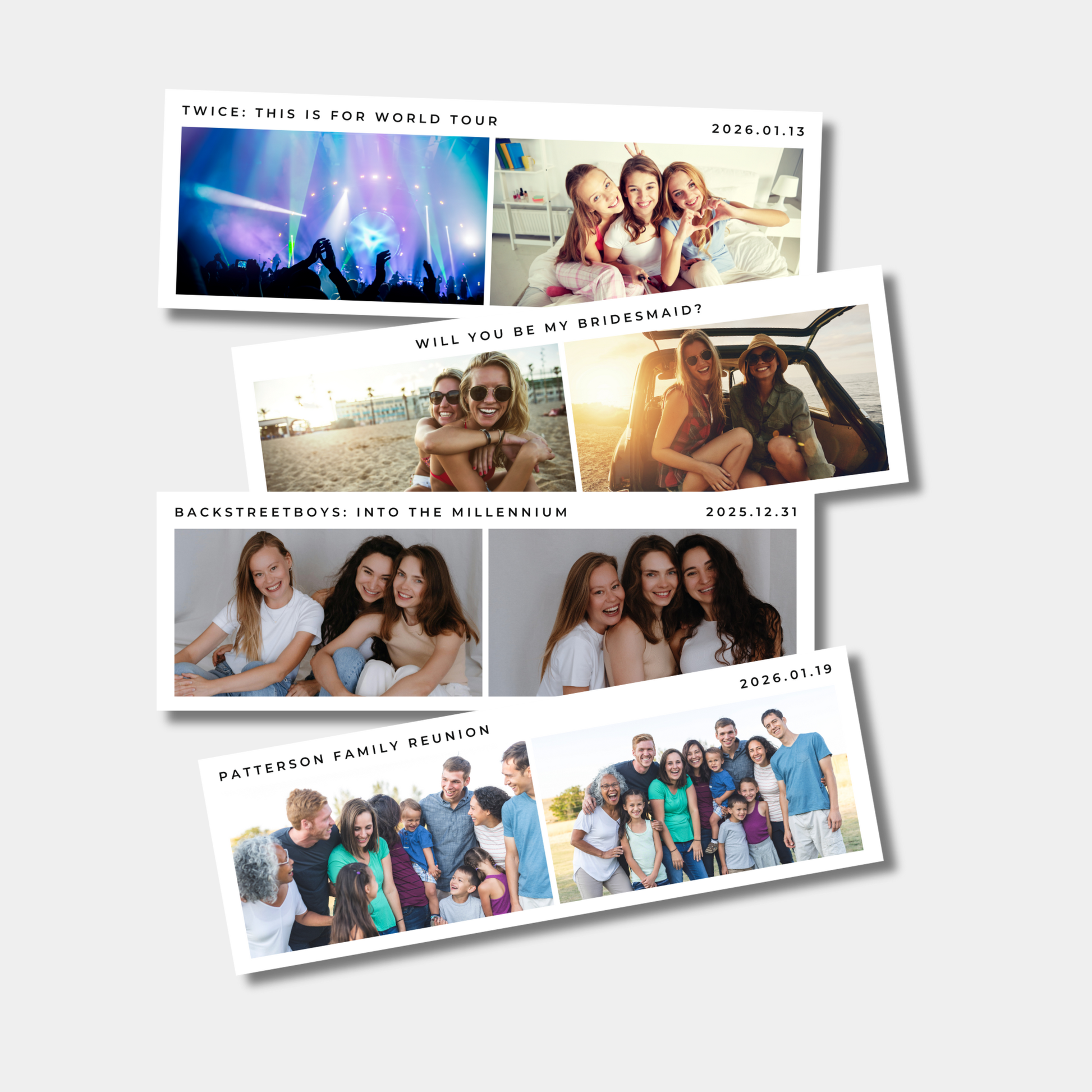 Collection of photos with various images and text on a white background