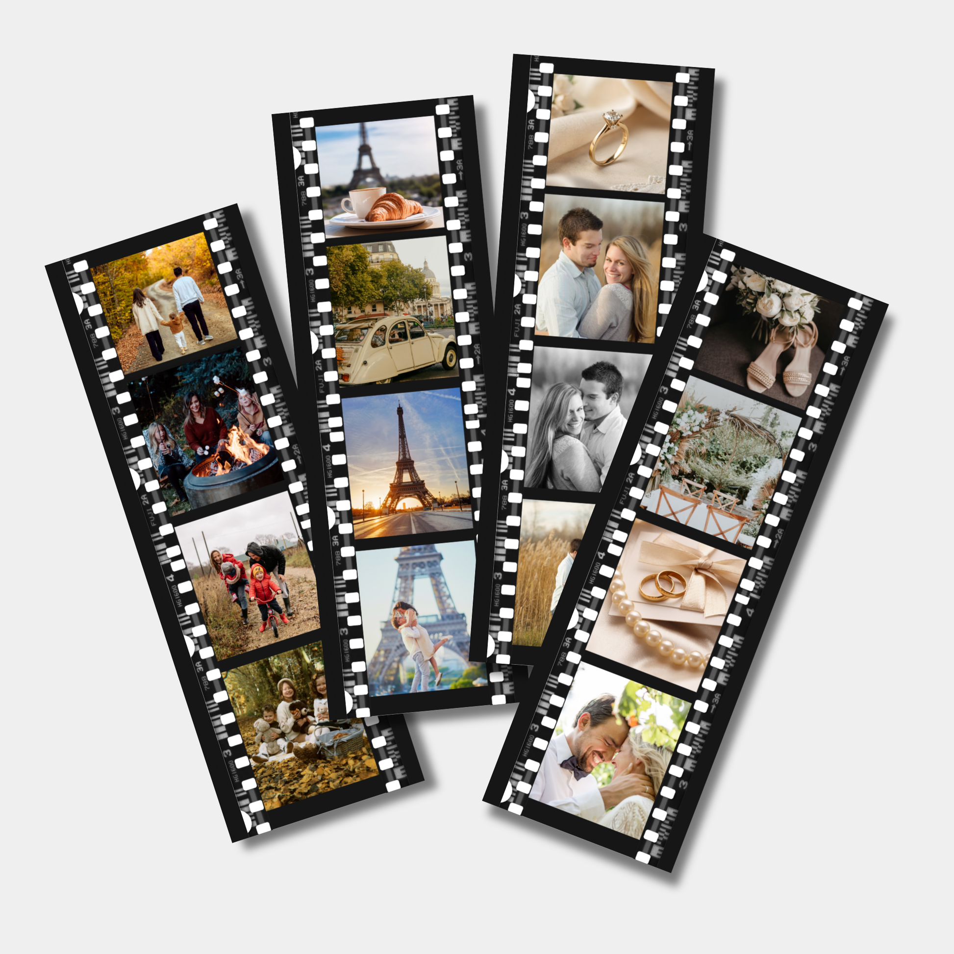 Film strip with various photos including a couple, children, and scenic views.