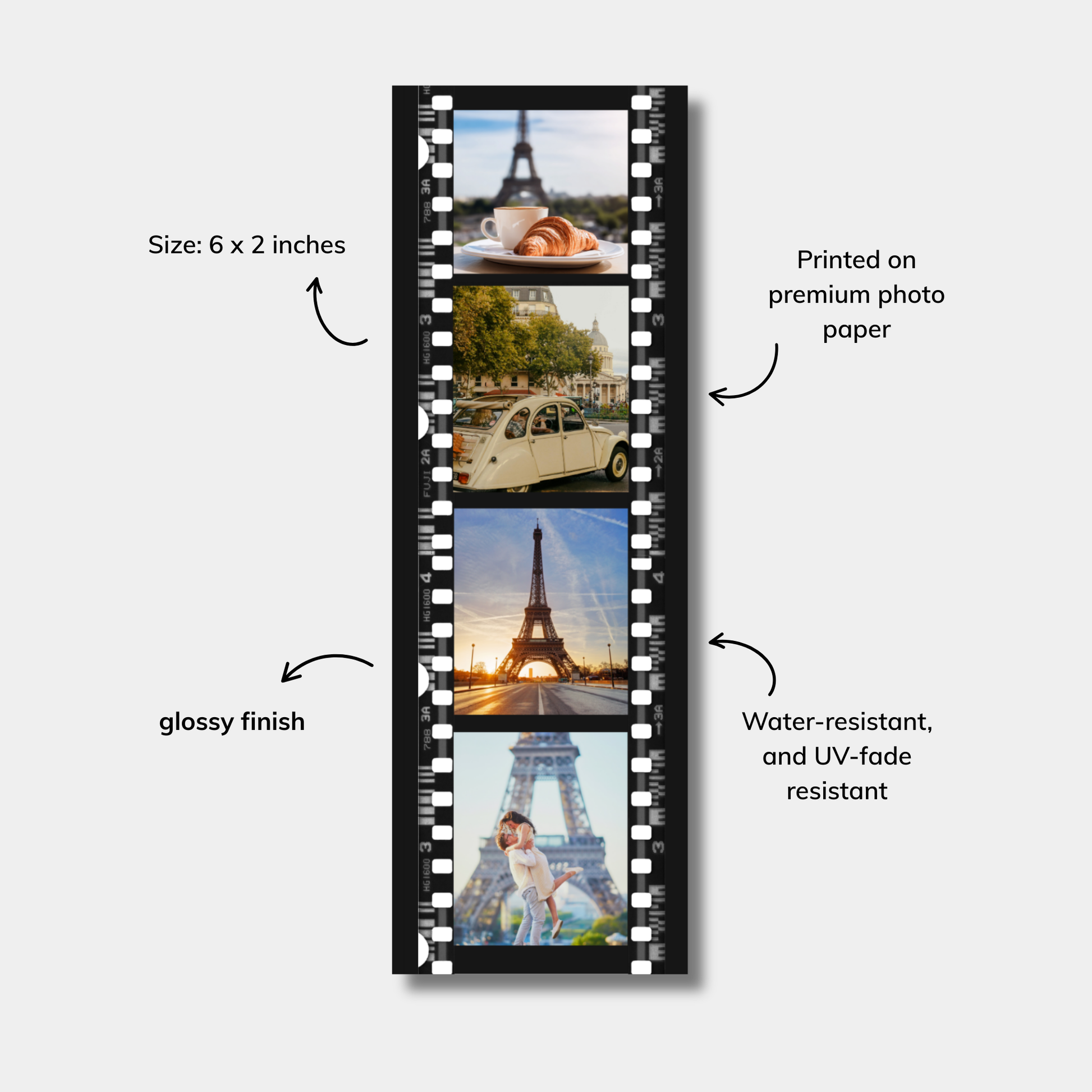 Film strip with images of the Eiffel Tower and other scenes, labeled with product features.