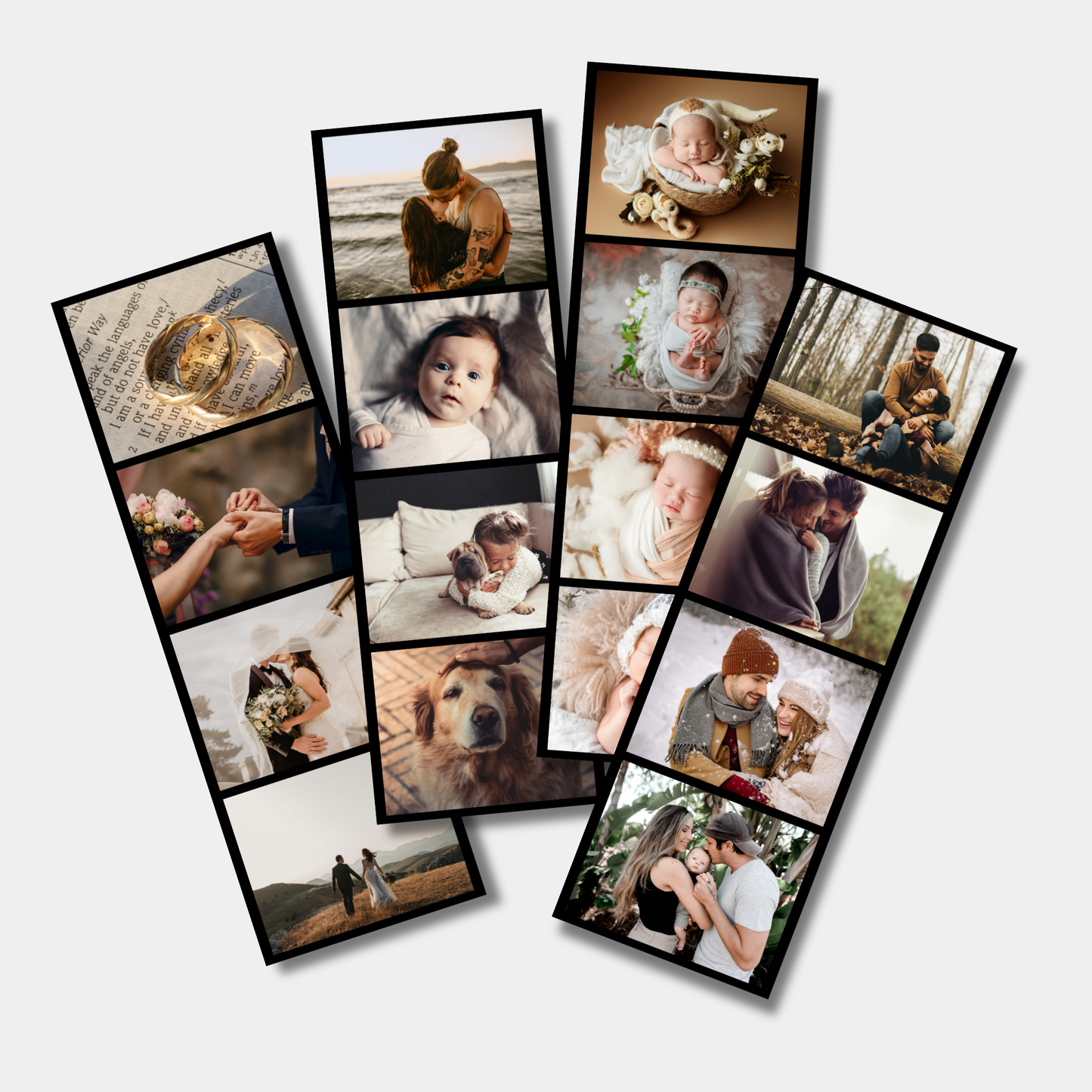 Collage of various family and pet photos in black frames photo booth style on a white background