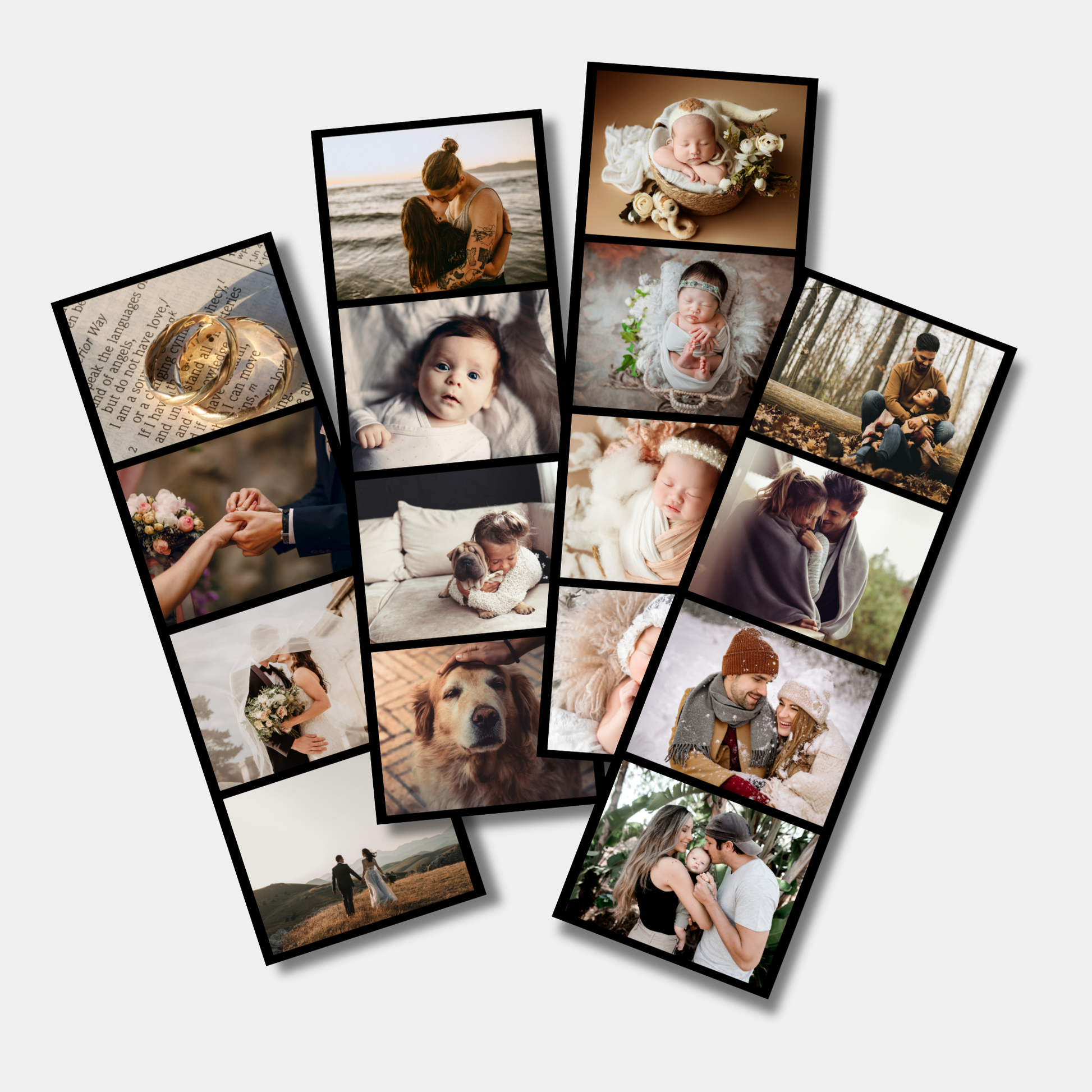 Collage of various family and pet photos in black frames photo booth style on a white background