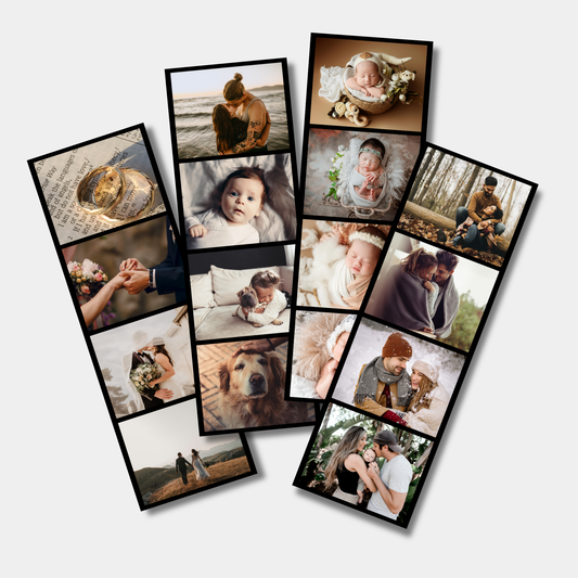 Collage of various family and pet photos in black frames photo booth style on a white background