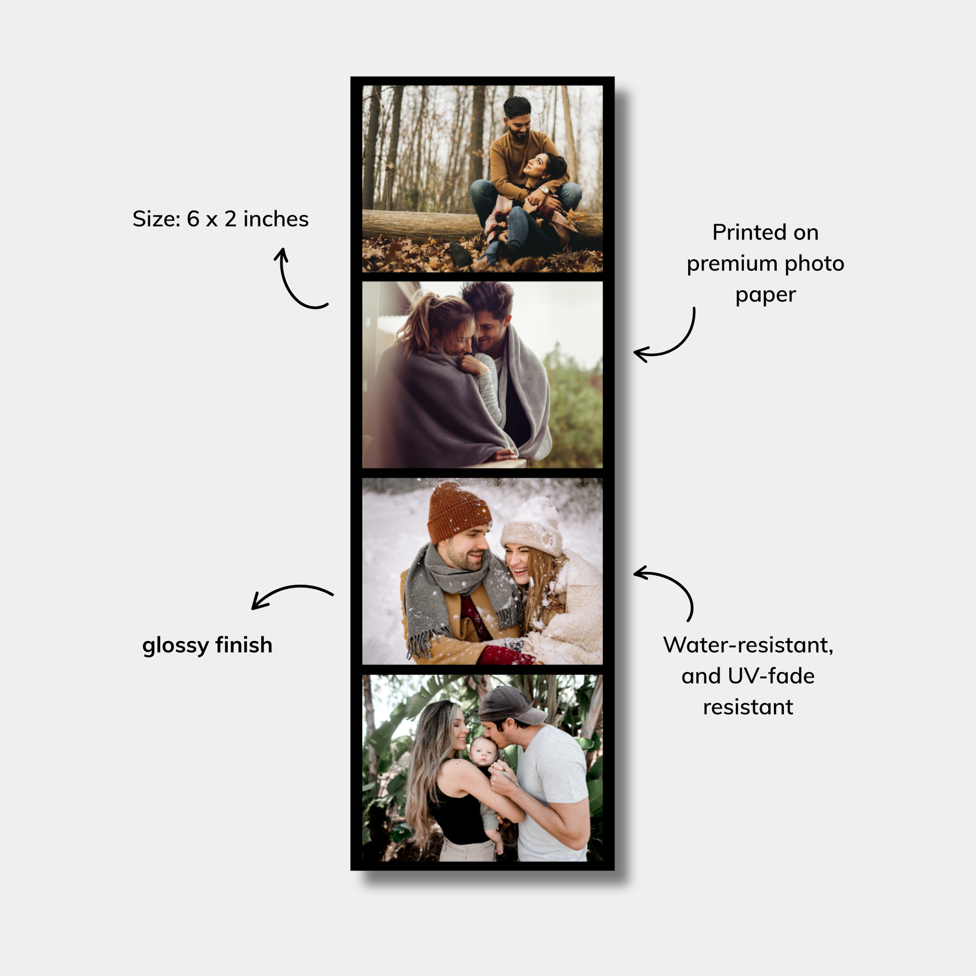 Collage of people in various settings with text describing photo size, material, finish, and properties.