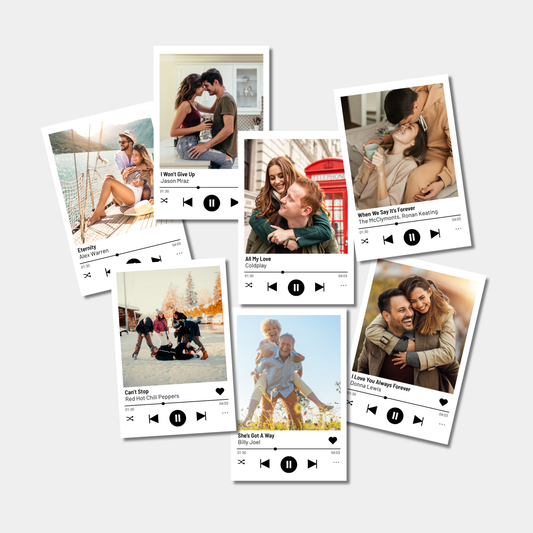 Collage of romantic photos with music player interface elements on a white background